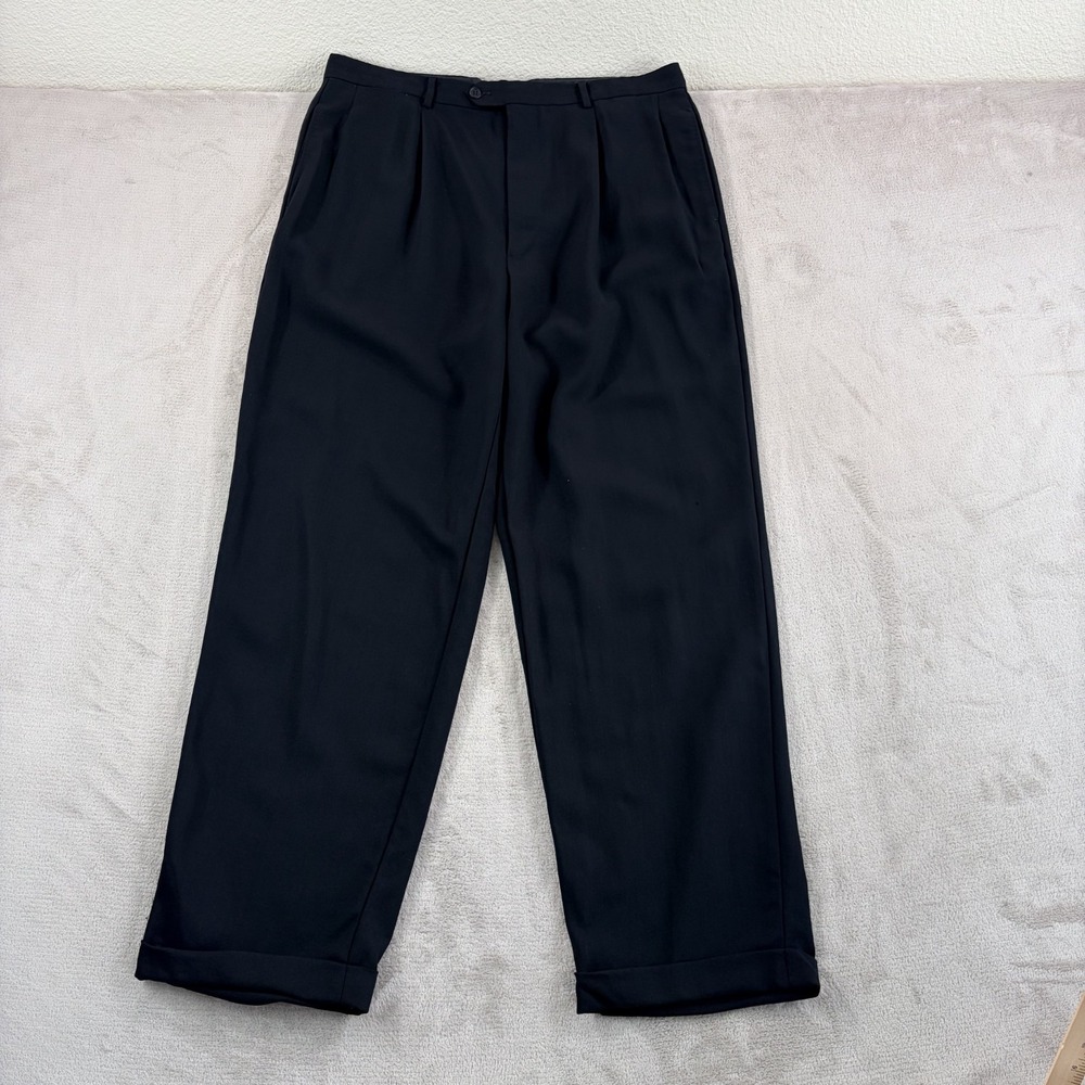 Vintage Giorgio Armani Pleated Cuffed Trousers in Black Wool Men 36x31 Italy